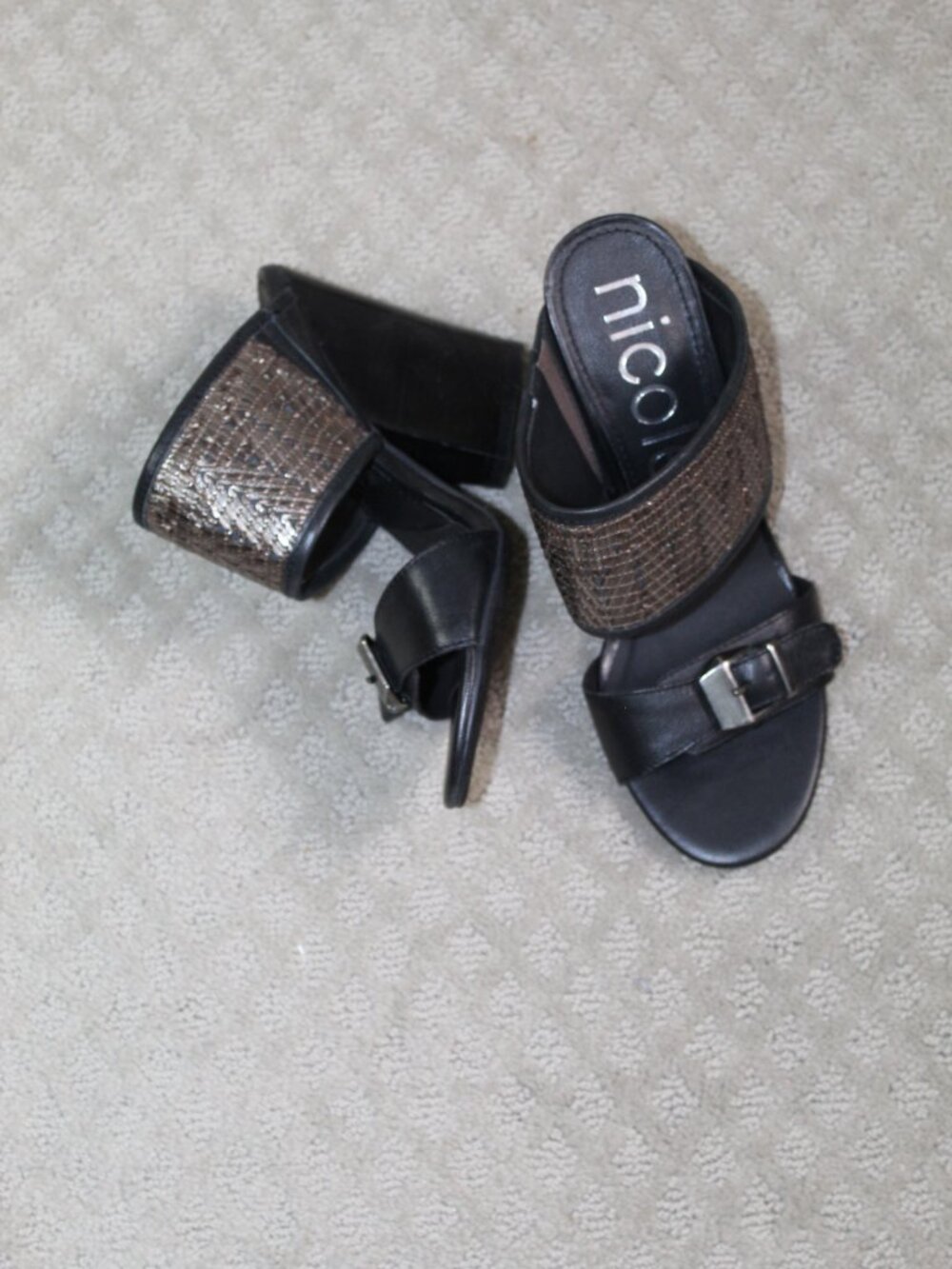 Nicole Lynette Size 8 Black Woven Accent Strap & Buckle Strap 4" Block Heels